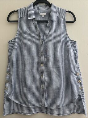 J Jill Love Linen Top Womens S Petite Blue White Striped Sleeveless Tunic Beachy